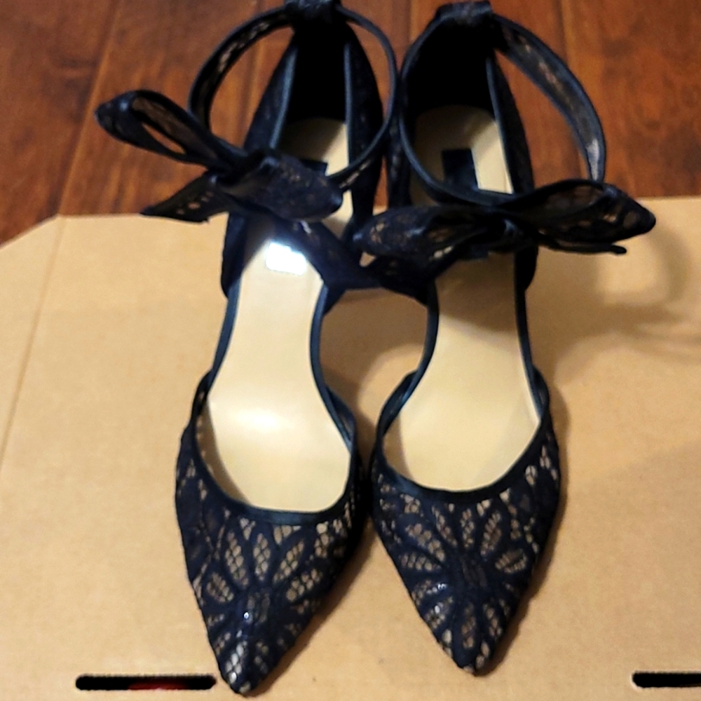 INC Black Satin Lace Heels